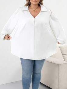 SHEIN CURVE+ 大码女式秋冬休闲宽松舒适 V 领黑色长袖衬衫、秋季女装、女式衬衫、曲线上衣、老款、黑色上衣、商务休闲女装、女式办公室装、W、教师衬衫、女式秋装、冬季、CURVE PLUS - 白色 - 查看 3