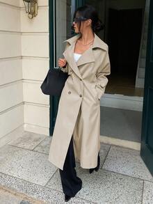 DAZY Women Solid Color Front Button Long Sleeve Casual Trench Coat Women Jacket, Fall Women Clothes Modest Fashion - Khaki - View 9