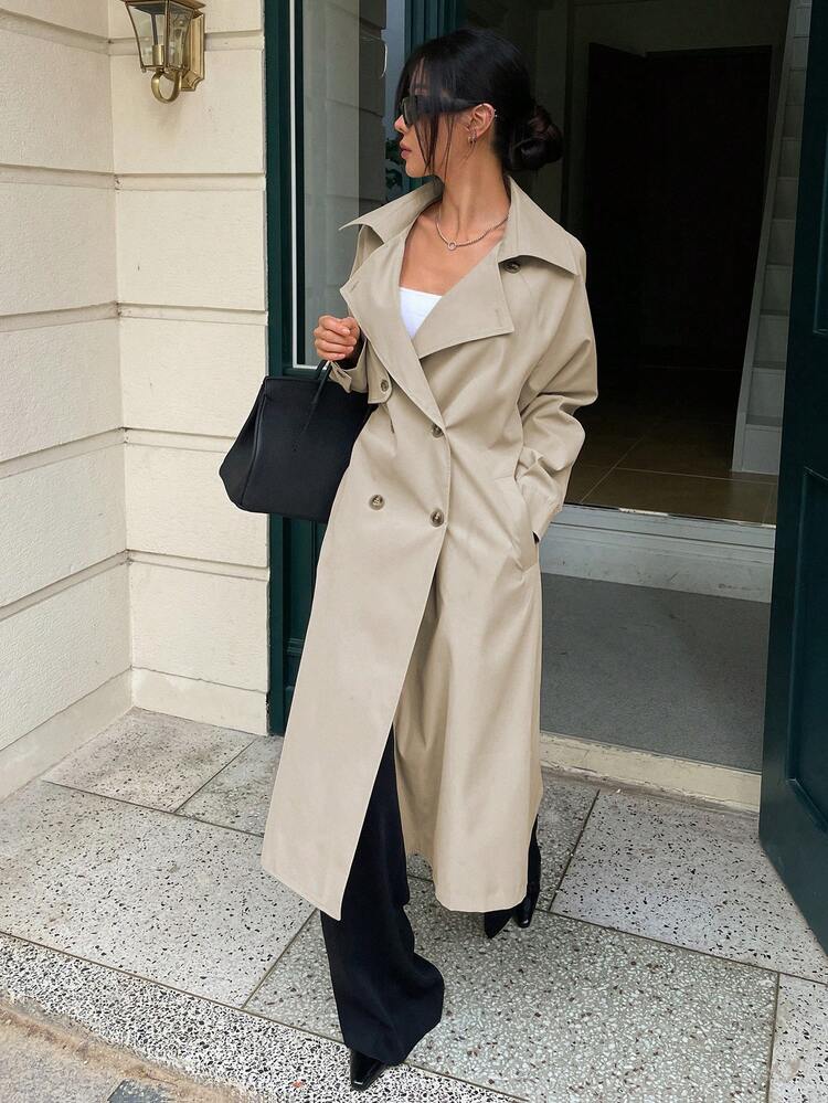 Women Solid Color Front Button Long Sleeve Casual Trench Coat Women Jacket, Fall Women Clothes Modest Fashion
