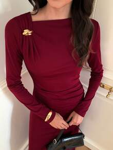 Elyressa Gaun Musim Gugur yang Panjang, Elegan, dan Romantis untuk Wanita - Burgundy - View 1