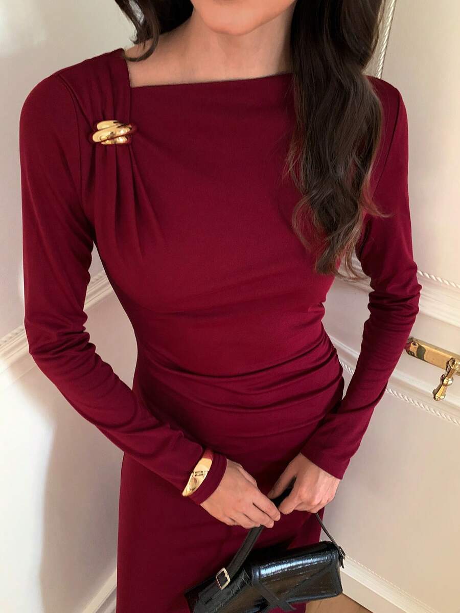 Elyressa Gaun Musim Gugur yang Panjang, Elegan, dan Romantis untuk Wanita - Burgundy - View 1