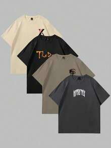 Manfinity Roughcore 4pcs/Set Men's Casual Graphic Print T-Shirts,Short Sleeve Crew Neck,Geometric Pattern,Regular Fit,Black,Summer,Casual,Streetwear,City Break Wear - Black - View 2