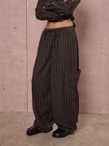 COUREZ Quần ống rộng dáng rộng có chi tiết lưới và túi bên hông cỡ lớn, quần sọc nâu thu đông Y2K đi chơi công sở - Nhiều màu - Xem 4