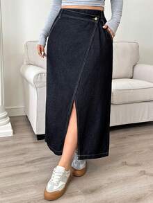 Dazy Plus 深色水洗牛仔前开衩长A字裙，秋季时尚单品 - 深色水洗藍 - 查看 5