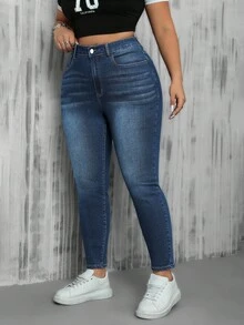 SHEIN ICON Plus Size Women Pocket Skinny Casual Everyday Wear Jeans - Dark Wash - View 4