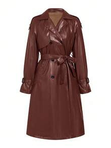 Ellevyn 安哥拉红色 PU 皮革保暖内衬系带长袖长款风衣 - 紅木色 - 查看 13