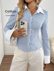 SHEIN LUNE 领口拼色褶饰腰部修身长袖衬衫，编织条纹休闲宽松优雅办公室女士风格