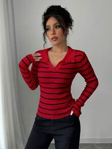 Elenzga Suéter casual de punto acanalado con patrón acanalado - Rojo - Ver 3