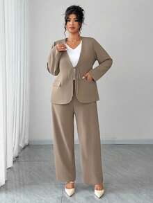 Dazy Plus Conjunto de terno casual feminino plus size, 2 peças, blazer e calça de manga comprida com design de gravata, primavera/outono - Caqui - Ver 3