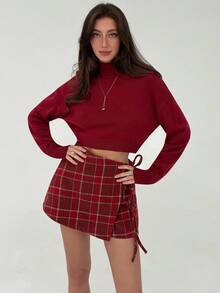 Aloruh 女士秋冬百搭百搭万圣节、圣诞节、新年红色格纹优雅A字型裹腰系带迷你裙 - 紅色 - 查看 5