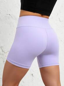 SHEIN Pantalones cortos de activewear para niñas preadolescentes de unicolor, estilo minimalista casual con cintura cruzada, tela con estiramiento de 4 vías, adecuado para ciclismo, correr, entrenamiento - Morado - Ver 2