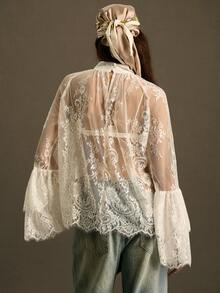 SoleilVie 女士波西米亚复古立领插肩袖优雅衬衫，女士复古优雅性感透视露肩裹胸长袖双层袖口高领上衣，适合圣诞节等节日穿着 - 白色 - 查看 2