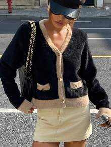 DAZY Women's Elegant Colorblock V-Neck Cardigan, Autumn - Black - View 9