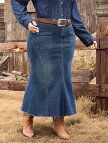 EMERY ROSE 大码女式复古水洗牛仔裙，秋冬 - 深色水洗藍 - 查看 6