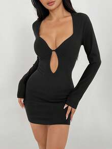 Flirla 1 件女士黑色深 V 领针织紧身连衣裙，弹力面料，适合日常穿着和通勤，性感冬装 - 黑色 - 查看 1