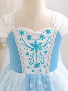 SHEIN Glamorique Kids 女童公主裙，蓝色网纱连衣裙，蓝色公主裙，雪花印花网纱蓬蓬裙，带披肩和手套的派对礼服，生日派对，舞会礼服，优雅正式礼服，适合所有季节，中东、欧洲和美国 - 藍色 - 查看 6