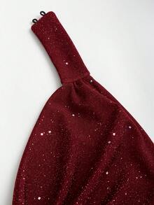 SHEIN PETITE Women's Short Turtleneck Backless Sequin Knit Bodycon Party Mini Dress - Red - View 5