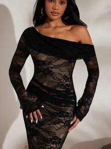 Opulessa Vestido ajustado de manga larga, hombros descubiertos, de punto de unicolor y encaje para vacaciones para mujeres