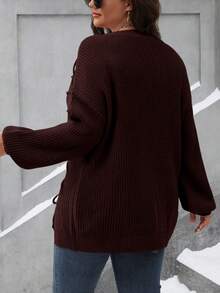 SHEIN LUNE 大码女式圆领落肩长袖宽松休闲套头毛衣，秋冬 - 紅木色 - 查看 2