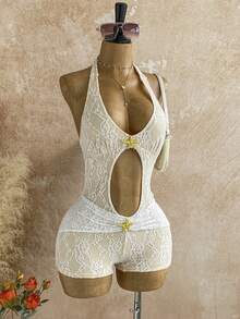 Soleia 春夏休闲度假西部海滩婚礼宾客服装、毕业早午餐、圣帕特里克节春假复活节音乐节优雅波西米亚热带金属蝴蝶结露背迷你女士连体裤 - 白色 - 查看 3