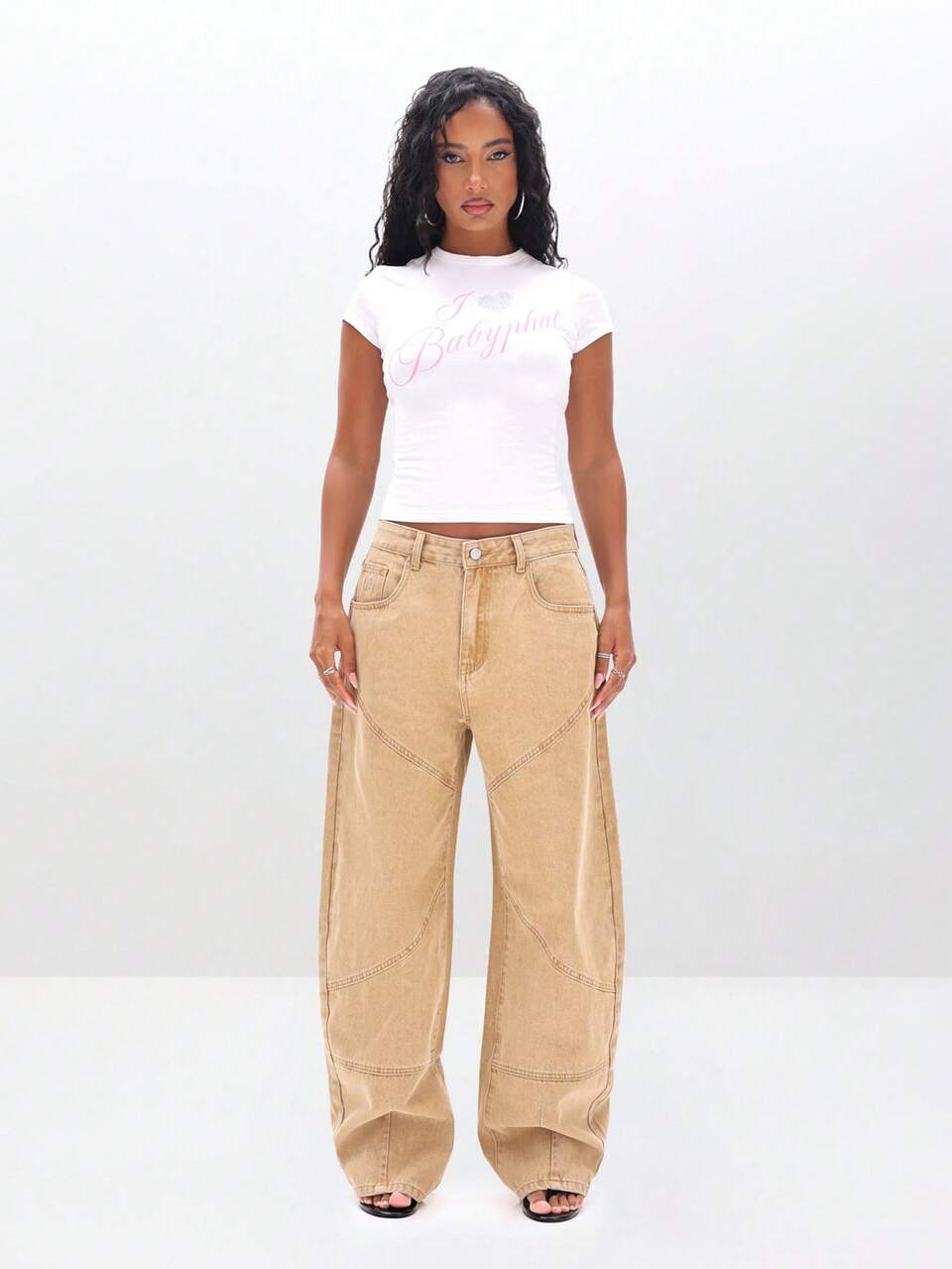 BABYPHAT High Waisted Wide Leg Barrel Jeans With Panelling Utility Cargo Pocket Seam Detail