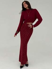 Aloruh Wine Red Stand Collar Loose Top + Wine Red Sequin Yarn Tight Extra Long Skirt