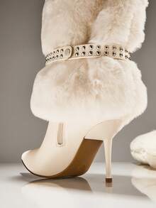 SHUZIA 女士迷人毛茸茸尖头细高跟冬季保暖舒适及膝靴 - 白色 - 查看 7