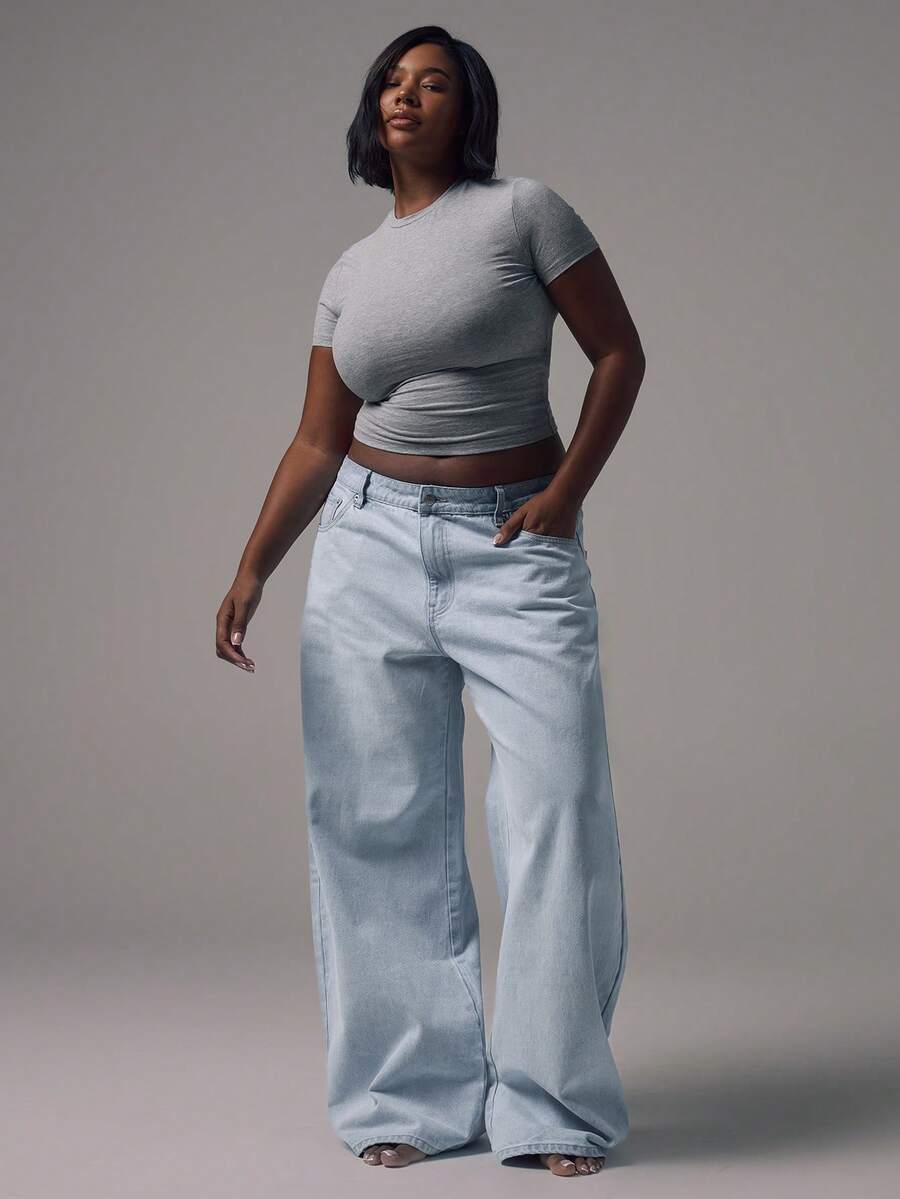 MUSERA Quần jean ống rộng cỡ lớn, kiểu dáng tôn dáng hàng ngày, chất liệu denim cơ bản.