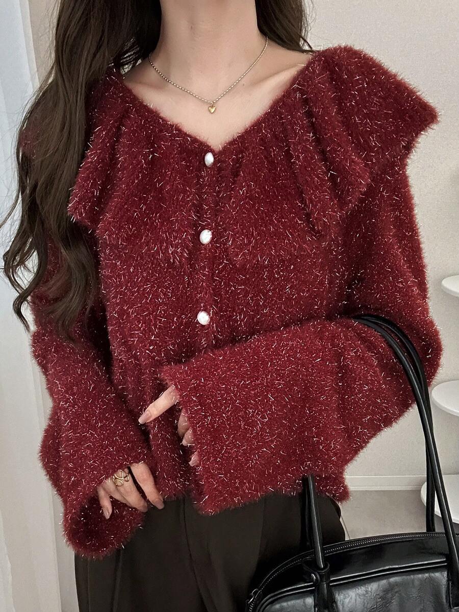 FRIFUL Damen Herbst/Winter Rüschen Patchwork Langarm modischer gestrickter Cardigan - Rot - Übersicht 1
