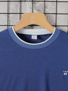 SHEIN 青少年男孩字母印花宽松圆领落肩长袖休闲T恤 - 霧霾藍 - 查看 3