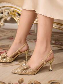 CUCCOO TILAWA Giày cao gót thời trang quyến rũ, gợi cảm dành cho nữ, thiết kế nơ đính đá, lấp lánh, thoải mái, đa năng cho tiệc tùng/sự kiện - Rượu sâm banh - Xem 5