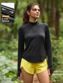 SHEIN In My Nature Áo thun thể thao dài tay màu trơn thường ngày dành cho nữ - màu đen - Xem 1