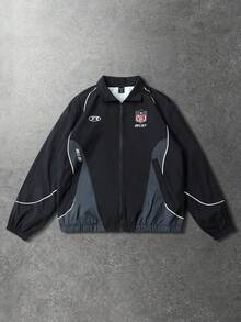 ROMWE MEN Prep Unisex Motorcycle Street Style American English Graphic Print Long Sleeve Jacket, Autumn/Winter