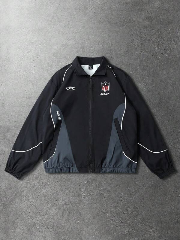 ROMWE MEN Prep Unisex Motorcycle Street Style American English Graphic Print Long Sleeve Jacket, Autumn/Winter