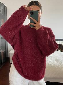 Livesso 女士宽松商务休闲时尚街头优雅红色亮片闪亮新年圣诞节婚礼情人节套头针织毛衣，秋冬 - 紅色 - 查看 7