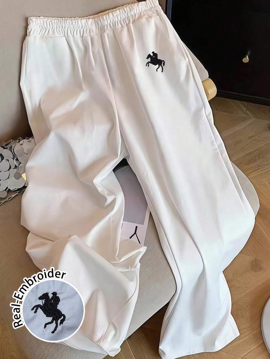 SHEIN EZwear Women's Casual Vacation Wide Leg Pants, Small Logo Embroidery,Fall - White - View 1