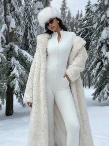 SHEIN EZwear 女士冬季加厚保暖休闲长袖仿毛皮大衣，时尚百搭，适合秋冬季、雪天、圣诞节等场合。 - 米色 - 查看 1
