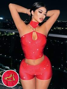 INAWLY 1 Set Sexy Red Glitter Halter Hollow Out Metal Chain Crop Top And Shorts - Burgundy - View 1
