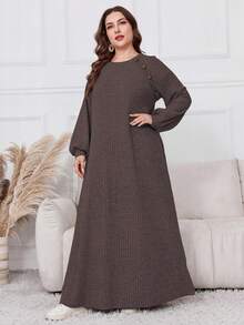 Al Najma Váy dài thường ngày bằng vải bông chắp vá cỡ lớn, Thu/Đông, Váy dài giản dị, trang phục thường ngày/ở nhà cho phụ nữ - màu nâu - Xem 3