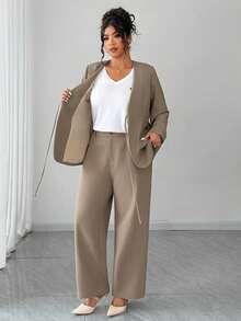 Dazy Plus Conjunto de terno casual feminino plus size, 2 peças, blazer e calça de manga comprida com design de gravata, primavera/outono - Caqui - Ver 5