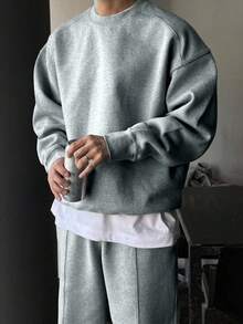 SHEIN 青少年男孩简约廓形纯色拼布 T 恤连帽衫套装，搭配运动裤，休闲校园风格，舒适时尚，百搭，面料柔软，适合日常穿着、上学、郊游、户外运动、秋冬、返校 - 灰色 - 查看 1