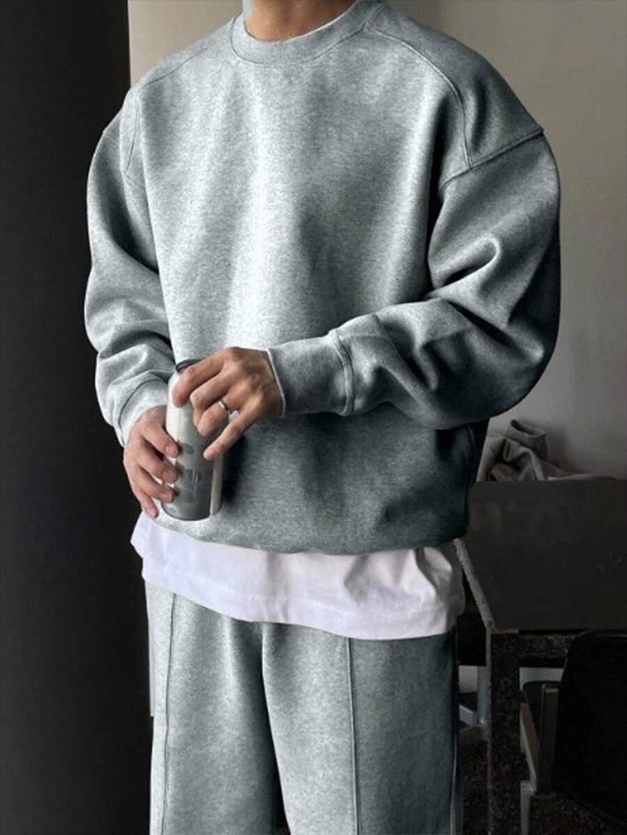 SHEIN 青少年男孩简约廓形纯色拼布 T 恤连帽衫套装,搭配运动裤,休闲校园风格,舒适时尚,百搭,面料柔软,适合日常穿着、上学、郊游、户外运动、秋冬、返校 - 灰色 - 查看 1