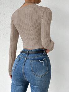 Firerie Camiseta de manga larga ajustada con cuello en V de punto acanalado, unicolor, con diseño retorcido y hueco, para mujer, primavera/otoño