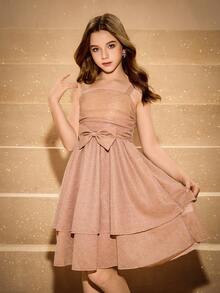 少女优雅香槟金色和银色细肩带褶饰腰部可爱蝴蝶结多层裙装 - 香檳色 - 查看 3