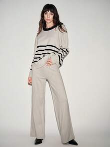 Lumivelle Conjunto de top de punto ajustado con rayas grises y pantalón de punto con cordón en la cintura, para otoño/invierno - Gris - Ver 5