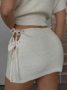 SHEIN BAE Women's Casual Side Tie Solid Color Knit Skirt,,Winter ,Women's Winter Clothes , Autumn Winter Women,Halloween,New Year,Thanksgiving Outfit For Women ,Thanksgiving Outfit For Women ,Party Outfit ,White Short Skirt, Sweater Skirt, White Skirt,