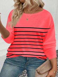 EMERY ROSE Plus Size Women's Fashion Casual Striped Round Neck Neon Color Long Sleeve T-Shirt