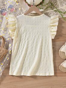 1pc Tween Girl' Apricot Textured Plaid Patchwork Colorful Braided Strap Spring/Summer Vacation Cap Sleeve Blouse - Apricot - View 2