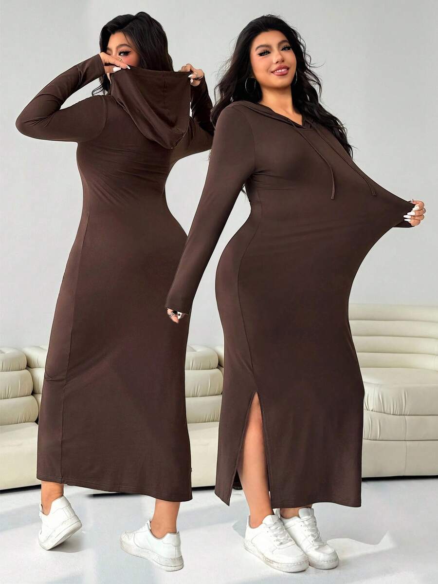 Solflare Váy len dệt kim dáng ôm tay dài có dây rút có mũ trùm đầu cỡ lớn dành cho nữ, mùa thu/đông, mùa thu, trở lại trường - màu nâu - Xem 1