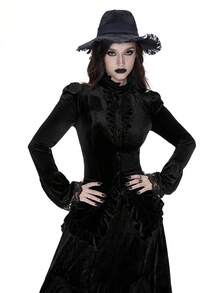 Breakform 女式中世纪宫廷哥特式派对复古蕾丝拼布高领泡泡袖喇叭袖口不对称下摆纽扣前腰修身天鹅绒上衣 - 黑色 - 查看 4